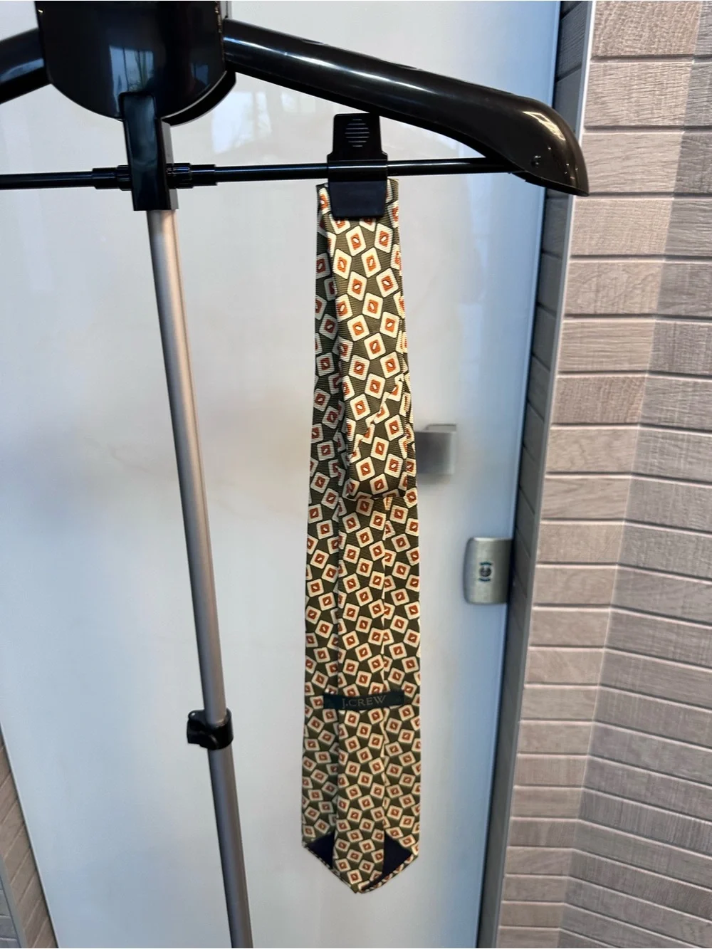 J. Crew Olive Green Geometric Silk-Blend Tie with Cream and Rust Accents